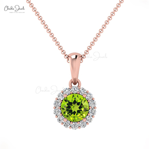 Natural 4mm Brilliant Round Cut Peridot Gemstone <b>Pendant</b> with 14k <b>Solid</b> <b>Gold</b> Diamond Halo <b>Pendant</b> August Birthstone Gift - Product Image 1