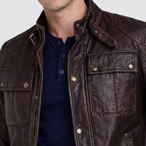Veste moto en cuir véritable pour homme, marron foncé, fermeture éclair, col rabattable, coupe-vent, automne-hiver - Product Image 4