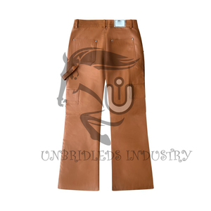 Pantalon en cuir de vachette à double genouillère, couleur beige et blanc - Product Image 1