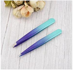 Pinzas para pestañas de acero inoxidable con punta suave y mango degradado, herramientas de maquillaje en rosa, azul y morado - Product Image 5