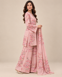 Pink Floral Printed Cotton Indian Top Pants Set Reversible Wrinkle Free Midi <b>Kurta</b> Sharara Outfit for Party Wedding All Seasons - Product Image 3