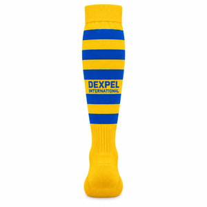 ถุงเท้าสูงถึงเข่าสีเหลืองลายทางสีน้ำเงินสำหรับกีฬาฟุตบอลทีมชาติ Dexpel International ราคาถูก รับผลิตตามแบบ OEM - Product Image 1