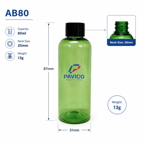 ขวดพลาสติกสีเขียวขนาด 80 มล. สำหรับเครื่องสำอาง คอขวดขนาด 20 มม. ฝาเกลียวสีดำ สำหรับบรรจุภัณฑ์โทนเนอร์และผลิตภัณฑ์บำรุงผิว ยี่ห้อ Pavico บริการ OEM/ODM จากเวียดนาม - Product Image 2