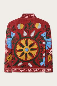 เสื้อแจ็คเก็ตหนังปักลายสีแดงเข้มสำหรับผู้หญิง แบบสองด้านใส่ได้  เสื้อโค้ทฤดูใบไม้ร่วง  ลายปักดอกไม้แบบซูซานี  เสื้อแจ็คเก็ตบอมเบอร์แบบเย็บติดกัน  ผ้าฝ้ายลายนูน - Product Image 5