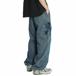 Pantalon en jean baggy unisexe style streetwear, taille élastique, plusieurs poches, toile de coton mi-lourde, bleu délavé, coupe droite, pour l'automne - Product Image 3