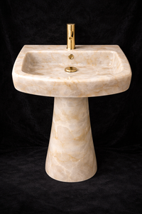 Vasque de salle de bain sur piétement en onyx naturel de luxe avec robinet doré, lavabo moderne en marbre - Product Image 6