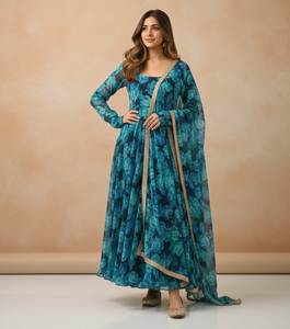 Kurti évasé bleu imprimé avec bordure en dentelle et dupatta en georgette, prix fabricant, approvisionnement en gros pour les détaillants - Product Image 3