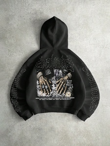 Sudadera con Capucha Oversize Negra de Alta Calidad con Gráfico de Cruz de Diamantes de Imitación, de Algodón Grueso Premium, Estilo Urbano para Hombre - Product Image 5