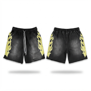 <b>Men</b> Acid Wash <b>Shorts</b> Premium 320 GSM Cotton Woven Custom Sequined Logo <b>Black</b> Green Sporty Elastic Waist Loose Fit Quick Dry - Product Image 1