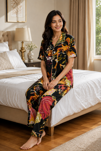 Conjunto de Pijama de Algodón 100% con Estampado Floral para Mujer, Conjunto de Pijama Premium con Botones, Ropa de Dormir de Manga Corta - Product Image 4