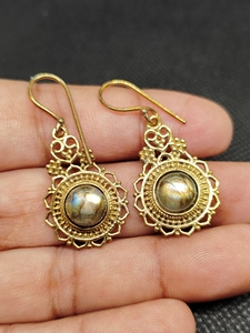 labradorite Export Brass Gemstone Drop <b>Earrings</b> Bulk Handcrafted Gold Plated Finish Pattern Bezel - Product Image 1