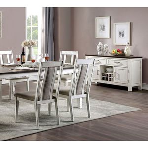 Set di 2 Sedie da Pranzo in Legno Massello, Classiche, Bianco Anticato/Grigio Caldo, con Seduta Laterale Unica Rivestita in Tessuto, Stile Rustico - Product Image 2
