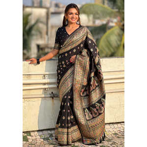 ผ้าไหมแคชเมียร์สีดำหยก ยี่ห้อ Elite Weaves พร้อมงานปักดิ้นทอง  ชุดส่าหรีแบบอินเดียและปากีสถาน น้ำหนัก 700 กรัม - Product Image 2