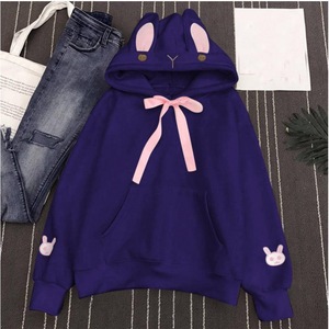 Women's Red Rabbit Ear Hoodie Pink Bow Cartoon Patches Casual Winter Comfortable Sweatshirt Knitted Cotton Hooded Sweater - Product Image 6