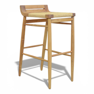 Tabouret de bar en teck moderne avec assise en corde, sans dossier, pour comptoir, mobilier de jardin intérieur/extérieur - Product Image 1