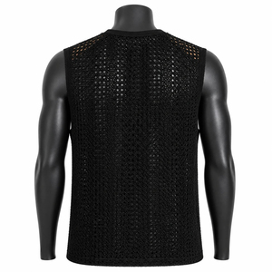 Wholesale <b>Men's</b> <b>Black</b> Knitted Sleeveless Tank Top Crew Neck Hollow Out Dot Pattern Breathable Casual Wear - Product Image 2