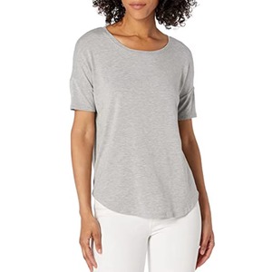 T-shirt gris à col rond et manches courtes pour femme, couleur unie, décontracté, respirant, tricoté, longueur normale, mélange coton et élasthanne - Product Image 5