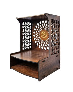 Mandir Om de Madera Hecho a Mano con Luz LED, Mandala de Loto Cortado con Láser, Templo de Puja, Altar Cerrado para el Hogar, Acabado en Madera de Teca, 39x30x24 cm - Product Image 4