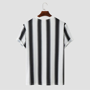 เสื้อยืดคอกลมแขนสั้นลายทางผู้ชาย ผ้าฝ้าย 100% ทรงปกติ สไตล์ลำลอง ถักทอ ลายขาวดำ - Product Image 2