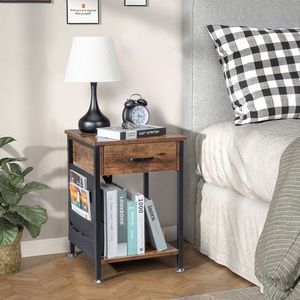 Comodino Antico in Truciolato Effetto Legno con Tubo in Ferro Nero Triamine e Borsa Portaoggetti Rimovibile in Feltro, Lato 1.5" - Product Image 1