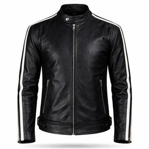 Veste de moto pour homme SAAR INDUSTRIES en cuir véritable noir imperméable et coupe-vent, avec bande blanche, coupe ajustée, style streetwear - Product Image 1