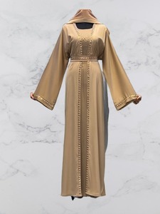 2026Shawl Collar V Neck Floor Length Modest Handmade <b>Flared</b> Hem Abaya Embroidery Detail Women Solid Color Long Sleeve Polyester - Product Image 2