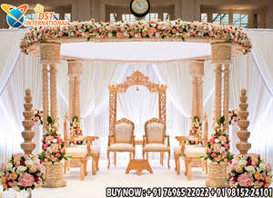 Nouveau Mandap de mariage hindou Avni, modèle USA, aspect bois, six piliers, forme ronde, doré, très demandé, prix usine. - Product Image 4