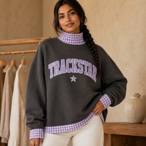 Charcoal Gray Women's Mock Neck Sweatshirt Lavender Gingham Trim Varsity Letter Applique <b>Star</b> Trackstar Custom OEM Pullover - Product Image 1