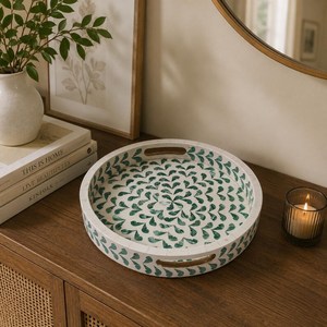 Round Ceramic <b>Mosaic</b> Tray With Green Leaf Pattern Handmade Decorative Home Serving Tray for Vanity Kitchen and Dining Spaces - Product Image 3