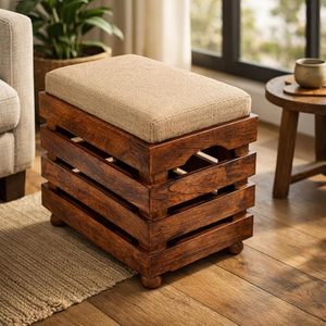 Wooden Storage Stool with <b>Cushion</b> Collapsible Multi Functional Ottoman Magazine Book Storage Seat for Home Living Room Bedroom - Product Image 1