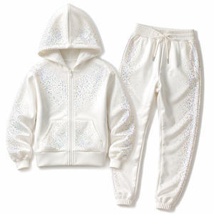 Breathable Chic And Comfy Rhinestone White Zipper Hooded Tracksuit For Women <b>Lightweight</b> <b>Hoodie</b> Rhinestone Tracksuit For Unisex - Product Image 1