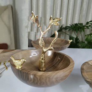 Bol de service en bois avec motif feuille et oiseau, taille personnalisée, couleur or, en aluminium, vaisselle pour servir des noix et des bonbons - Product Image 1