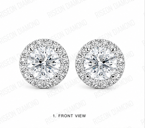 Elegant round halo diamond <b>stud</b> earrings with brilliant center stone surrounded by micro pave diamonds in polished white metal - Product Image 3