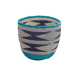<b>Large</b> Capacity Woven <b>Storage</b> <b>Basket</b> with Teal Chevron Stripe Detail Handcrafted Seagrass Bin for Blankets and Toys - Product Image 1