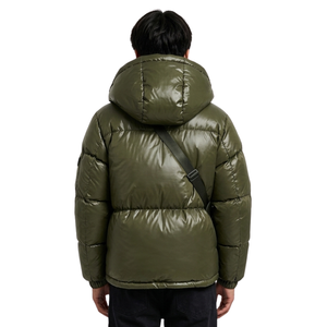 Polyester Insulated Glossy Olive Mens Puffer Jacket High Stand Collar Thick Quilted Weatherproof <b>Long</b> Cuffed Bubble <b>Coats</b> - Product Image 2