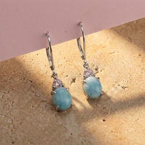 925 Sterling Silver <b>Fine</b> Dangle <b>Earrings</b> with Larimar Oval Cut Gemstone for Weddings Engagements or Anniversaries - Product Image 3