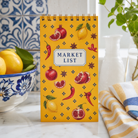 Bloc-notes spirale personnalisé LABON avec couverture jaune, motif grenades, citrons, piments, anis étoilé, étiquette bleue