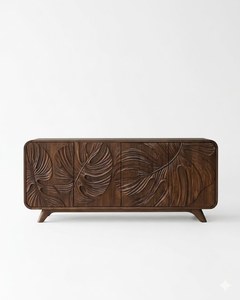 Aparador de Madera Hecho a Mano con Diseño de Hojas Talladas, Mueble de Almacenamiento Moderno de Mediados de Siglo para Sala de Estar - Product Image 3