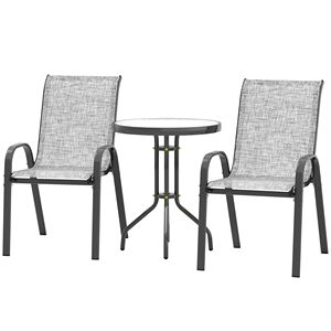 Set Bistrot Grigio 3 Pezzi con Sedie Impilabili e Tavolo in Vetro per Piccoli Spazi, Balconi e Cortili, Multiuso per Palestre e Ospedali - Product Image 1
