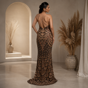 Luxury Brown Beaded Embroidery Mermaid Evening Gown Women | Spaghetti Strap Modern Formal Maxi Dress | Elegant Prom Wedding - Product Image 3