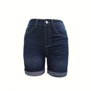 Shorts de Mezclilla Azul Oscuro de Cintura Alta para Hombre, Casuales, de Color Sólido, con Botones, de Algodón Tejido Transpirable - Product Image 1
