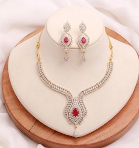 Dual Tone Ruby CZ Diamond Gold Plated Brass Bridal Wedding Jewelry Sparkling <b>Statement</b> <b>Necklace</b> & Earrings Set - Product Image 1