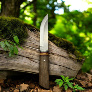 Cuchillo de caza hecho a mano de acero D2 con punta de caña, mango de madera y protector de acero para bushcraft y supervivencia al aire libre, funda de cuero incluida - Product Image 5