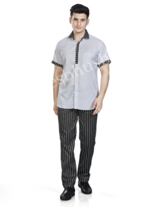 Camisa de uniforme de hotel de manga corta para hombre con cuello y puños a rayas, corte regular, para personal de limpieza - Product Image 3