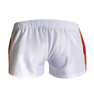 Shorts de sport pour homme en polyester blanc à séchage rapide avec bande latérale rouge et jaune, taille élastique, longueur mi-cuisse, décontractés - Product Image 6