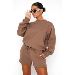 Ensemble sweat-shirt à col ras du cou pour femmes, couleur unie, avec short à cordon de serrage, manches longues, coupe ample, Style décontracté, vêtements d'été - Product Image 4