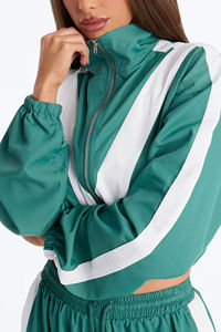Unisex Green White Color Blocking <b>Racer</b> <b>Jacket</b> Zipper Closure Sporty Loose Fit Short Length Polyester Track Top - Product Image 6