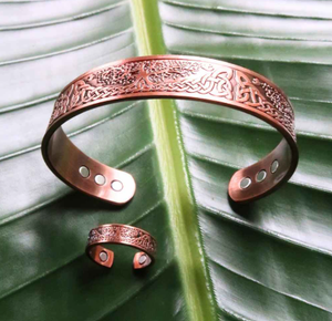 Premium Pure Copper <b>Engraved</b> Scottish Thistle Flower Leaf Pattern Bio Magnetic Cuff <b>Bangle</b> Adjustable Open Wristband - Product Image 2
