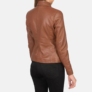 Women's Brown Genuine <b>Leather</b> Moto <b>Jacket</b> Turn-Down Collar Zipper Closure Slim Fit Autumn Style For Women - Product Image 3