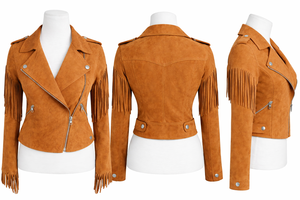 Factory Direct Tan Cognac Light Brown Women <b>suede</b> Leather <b>Jackets</b> Fashionable with fringes - Product Image 2